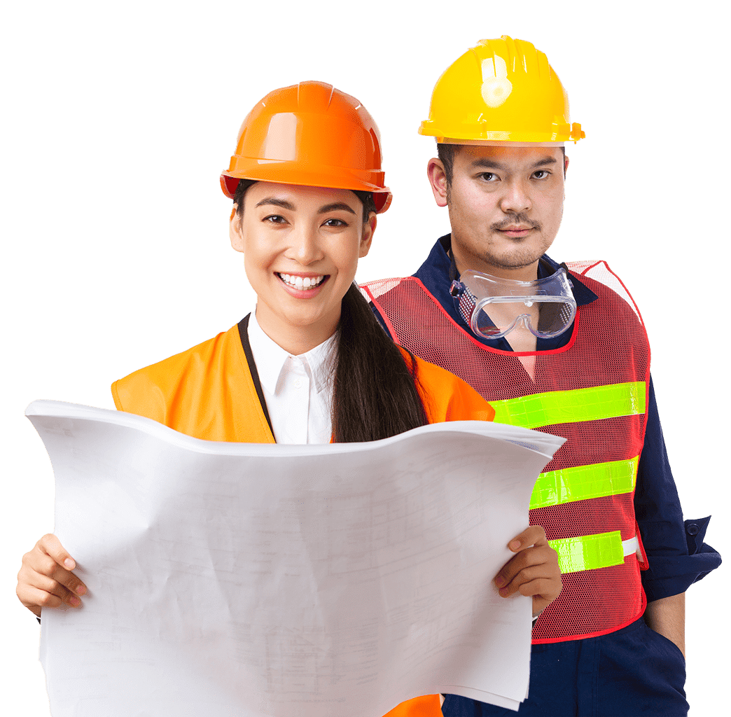 Une femme ingénieure en casque orange tenant des plans et un homme ingénieur en casque jaune et veste réfléchissante sur fond transparent.